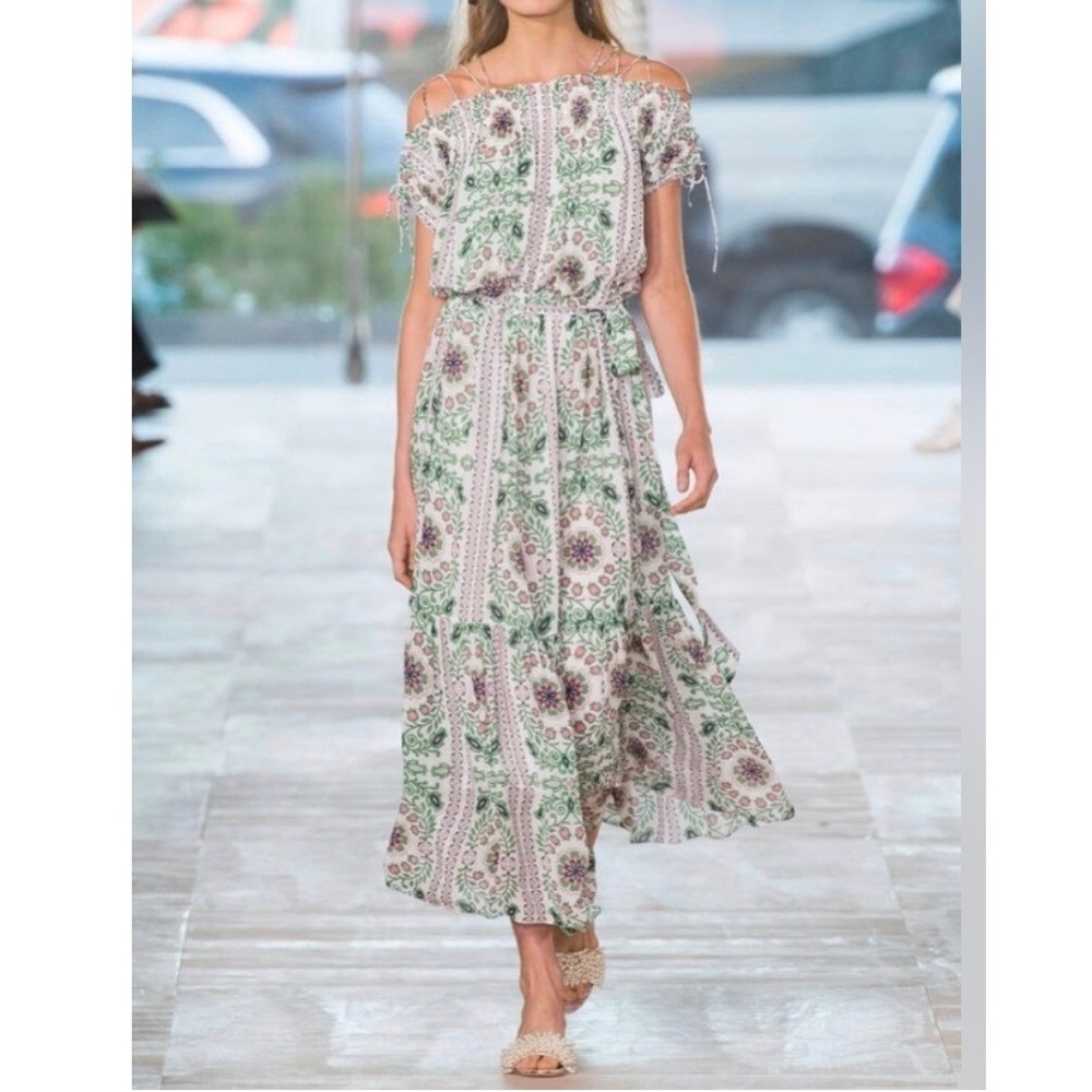 Tory Burch Asilomar Garden Party Printed 100% Silk Maxi Dress Size 6 Belted